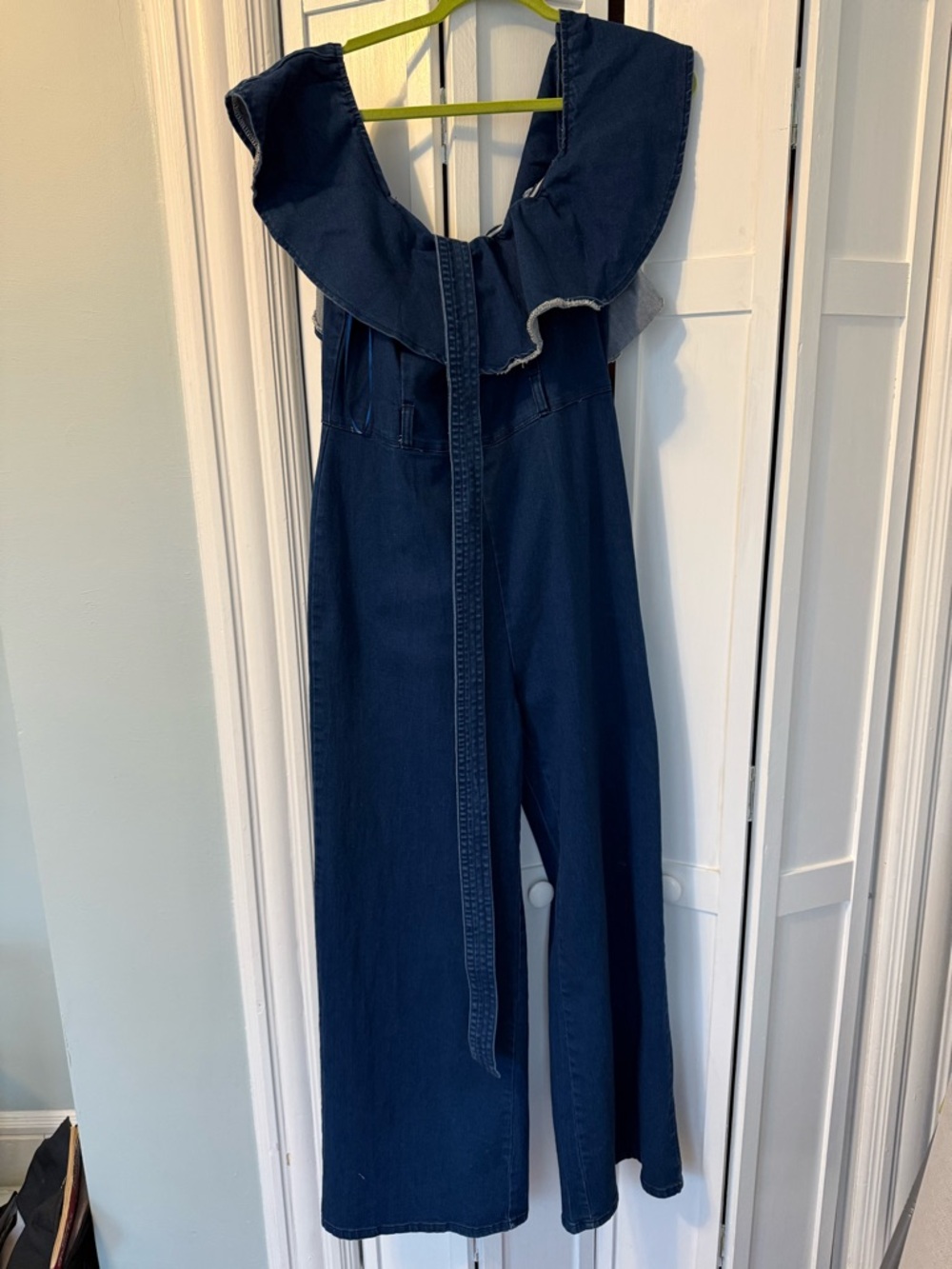 Denim Ruffle Strap Jumpsuit in Dark Blue